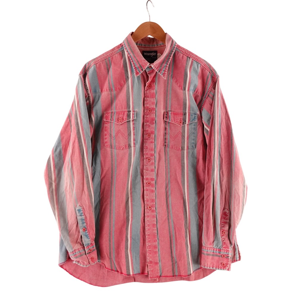 Wrangler Mens 17.5x36 Brushpopper Western Shirt Red Blue Striped Cotton USA